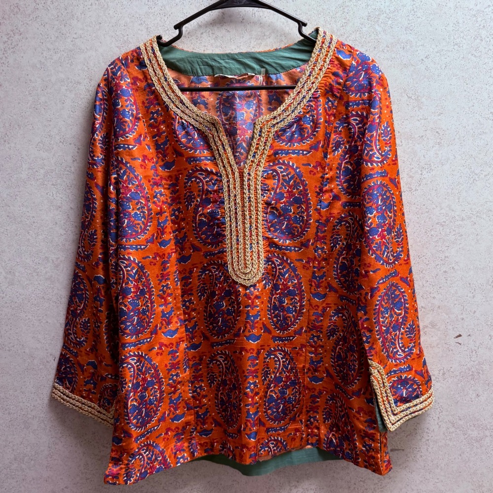 Soft Surrounding Medium‎ Womens Orange Paisley Print Embellished Neckline Blouse